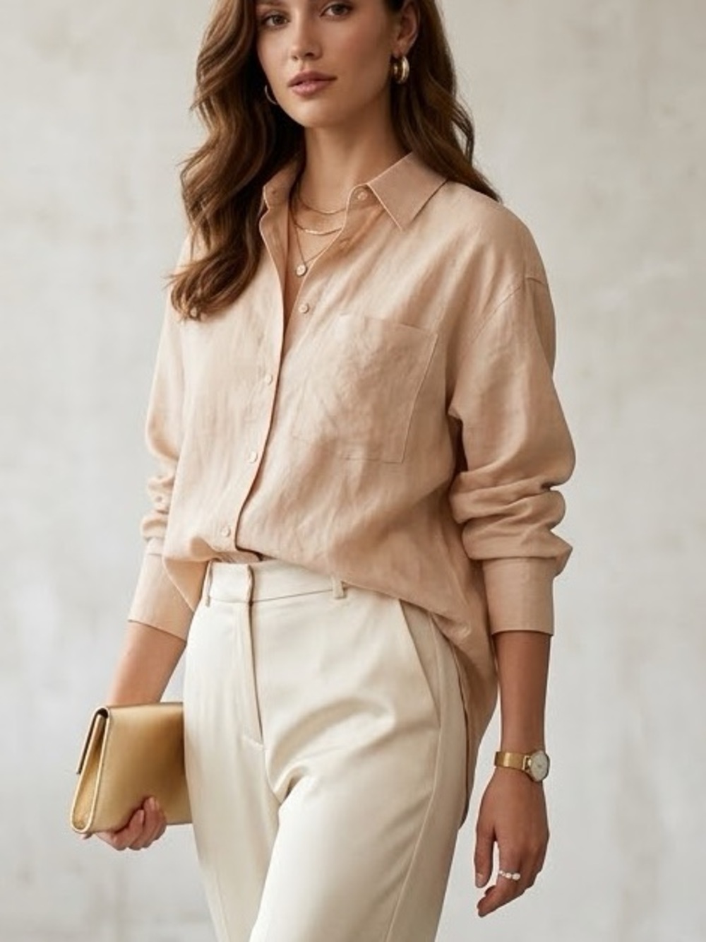 Mango MNG Women Peach Linen Blend Button Down‎ Shirt Long Sleeve Size 0